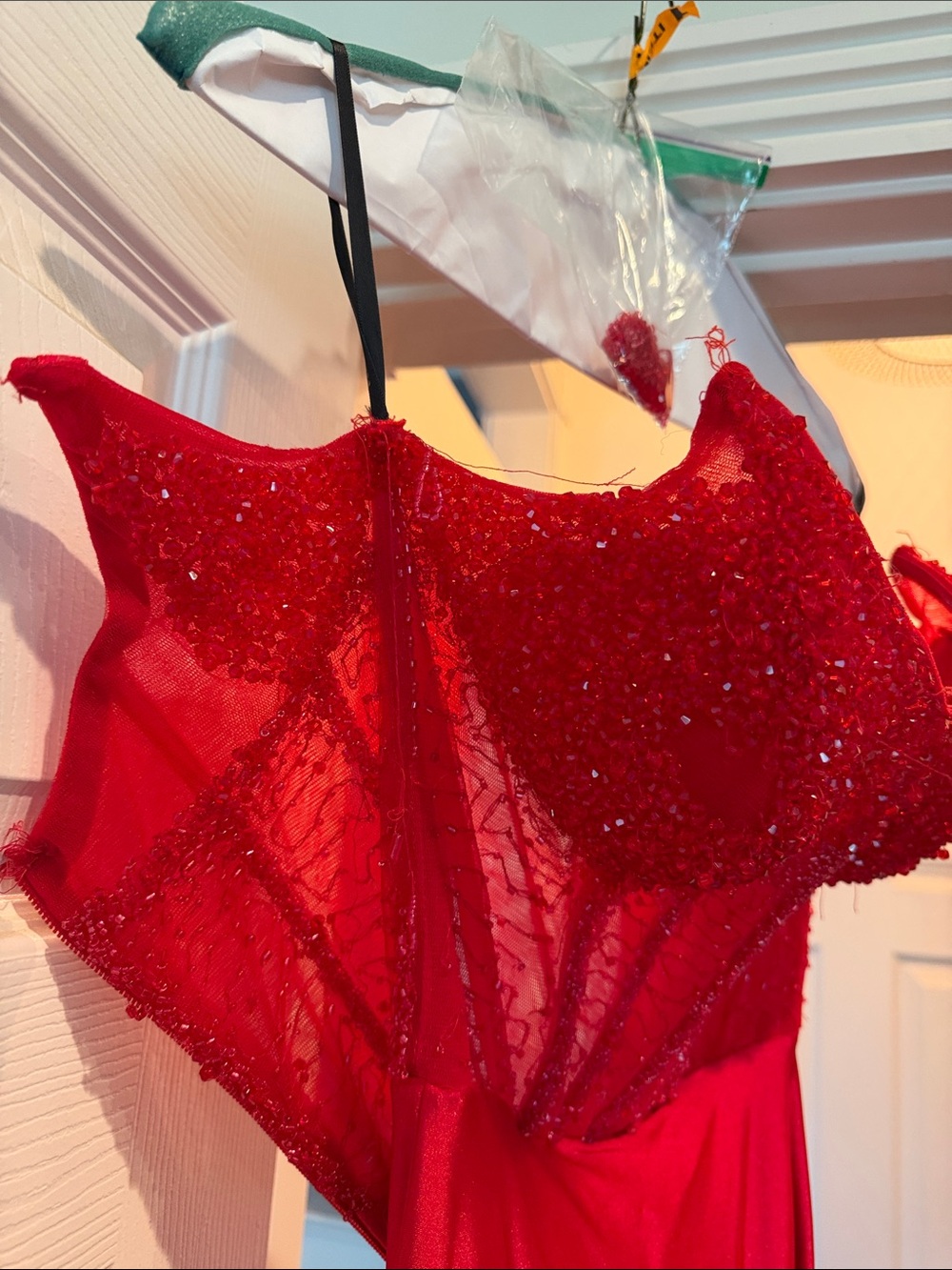 Red Off-Shoulder Beaded Prom Dress - Picture 3 of 6